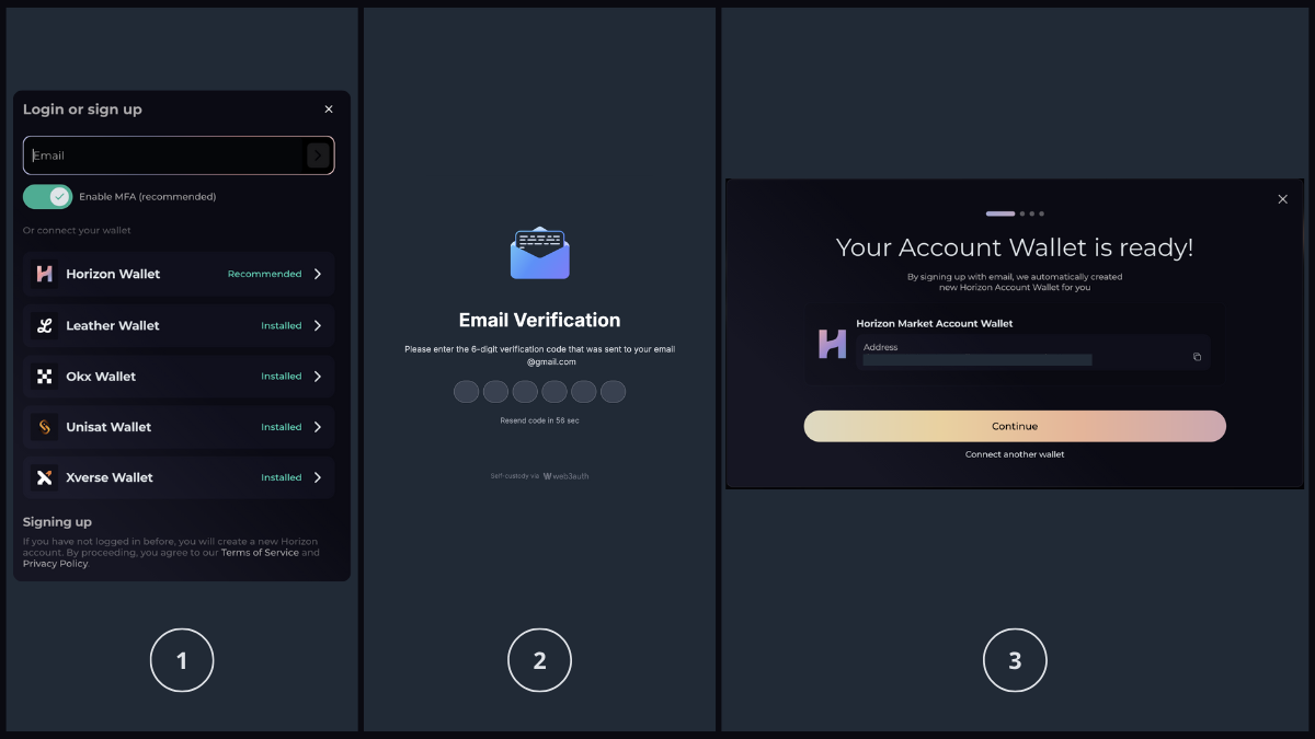 Users enabling the embedded Web3Auth wallet in Horizon Market